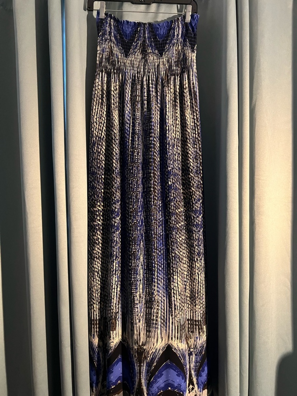 Vintage Monaco Blue and Black Printed Strapless Maxi Dress L